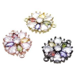 copper flower connector paved zircon, mixed color, approx 16mm dia [FN15060]