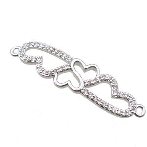 copper heart linker connector paved zircon, platinum plated, approx 10-34mm [FN15074]