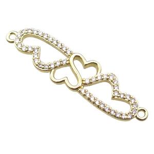 copper heart linker connector paved zircon, gold plated, approx 10-34mm [FN15075]