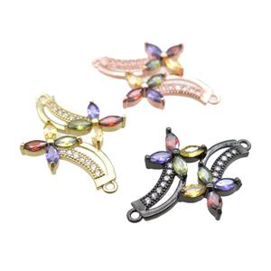 copper flower connector paved zircon, mixed color, approx 25-30mm [FN15083]