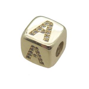 copper letter-A beads paved zircon, cube, gold plated, approx 8.5mm, 4mm hole [FN15113]