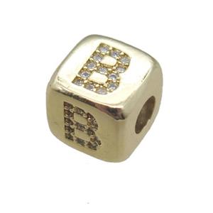 copper letter-B beads paved zircon, cube, gold plated, approx 8.5mm, 4mm hole [FN15114]