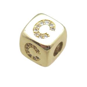 copper letter-C beads paved zircon, cube, gold plated, approx 8.5mm, 4mm hole [FN15115]
