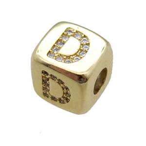 copper letter-D beads paved zircon, cube, gold plated, approx 8.5mm, 4mm hole [FN15116]