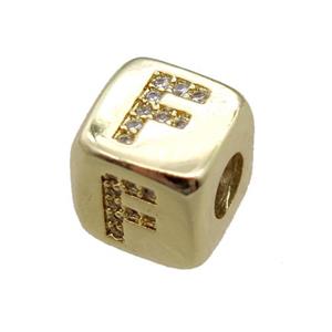 copper letter-F beads paved zircon, cube, gold plated, approx 8.5mm, 4mm hole [FN15118]