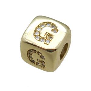 copper letter-G beads paved zircon, cube, gold plated, approx 8.5mm, 4mm hole [FN15119]
