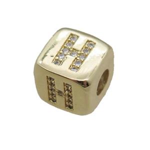 copper letter-H beads paved zircon, cube, gold plated, approx 8.5mm, 4mm hole [FN15120]