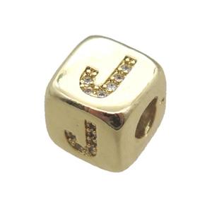 copper letter-J beads paved zircon, cube, gold plated, approx 8.5mm, 4mm hole [FN15122]