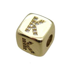 copper letter-K beads paved zircon, cube, gold plated, approx 8.5mm, 4mm hole [FN15123]