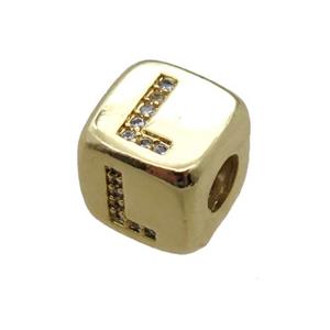 copper letter-L beads paved zircon, cube, gold plated, approx 8.5mm, 4mm hole [FN15124]