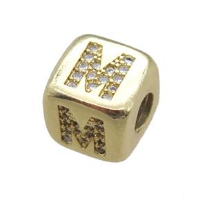 copper letter-M beads paved zircon, cube, gold plated, approx 8.5mm, 4mm hole [FN15125]