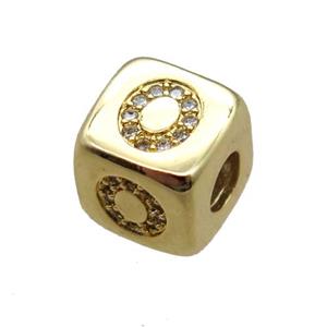 copper letter-O beads paved zircon, cube, gold plated, approx 8.5mm, 4mm hole [FN15127]