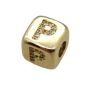 copper letter-P beads paved zircon, cube, gold plated, approx 8.5mm, 4mm hole [FN15128]