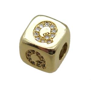 copper letter-Q beads paved zircon, cube, gold plated, approx 8.5mm, 4mm hole [FN15129]