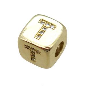 copper letter-T beads paved zircon, cube, gold plated, approx 8.5mm, 4mm hole [FN15132]