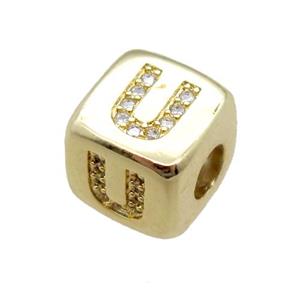copper letter-U beads paved zircon, cube, gold plated, approx 8.5mm, 4mm hole [FN15133]