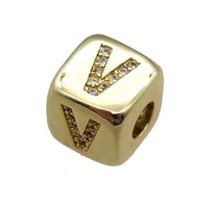 copper letter-V beads paved zircon, cube, gold plated, approx 8.5mm, 4mm hole [FN15134]