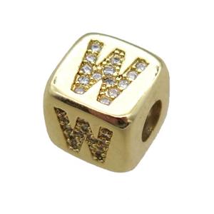copper letter-W beads paved zircon, cube, gold plated, approx 8.5mm, 4mm hole [FN15135]