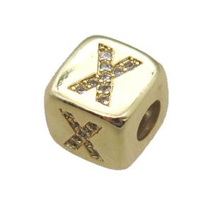 copper letter-X beads paved zircon, cube, gold plated, approx 8.5mm, 4mm hole [FN15136]