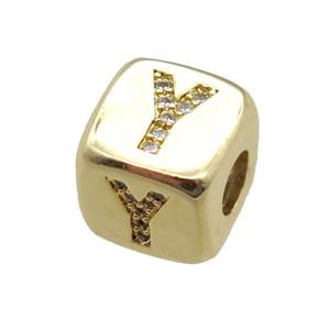 copper letter-Y beads paved zircon, cube, gold plated, approx 8.5mm, 4mm hole [FN15137]