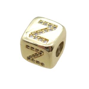 copper letter-Z beads paved zircon, cube, gold plated, approx 8.5mm, 4mm hole [FN15138]