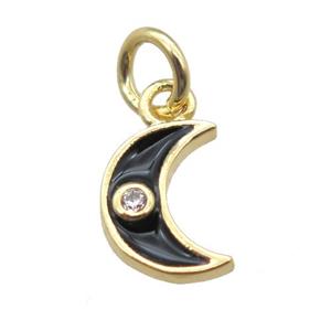 copper moon pendant paved zircon, black enameling, gold plated, approx 6-8mm [FN15146]