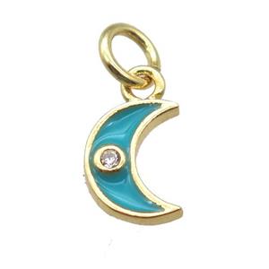 copper moon pendant paved zircon, aqua enameling, gold plated, approx 6-8mm [FN15147]