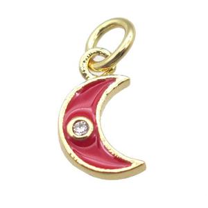 copper moon pendant paved zircon, red enameling, gold plated, approx 6-8mm [FN15148]