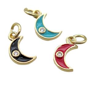 copper moon pendant paved zircon, mixed enameling, gold plated, approx 6-8mm [FN15149]