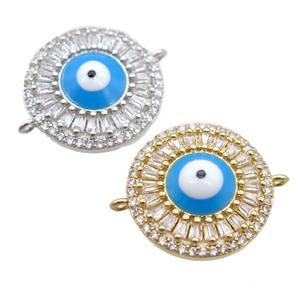 copper circle connector paved zircon with evil eye, mixed color, approx 18mm dia [FN15190]