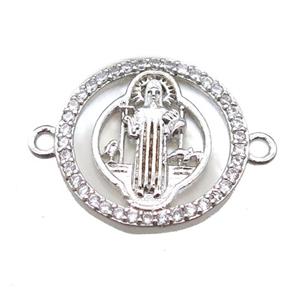 copper circle connector paved zircon, Jesus, platinum plated, approx 15mm dia [FN15194]