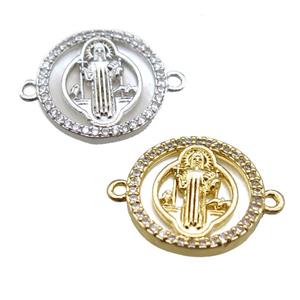 copper circle connector paved zircon, Jesus, mixed color, approx 15mm dia [FN15196]