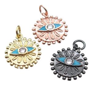 copper circle eye pendant paved zircon, mixed color, approx 15mm dia [FN15201]