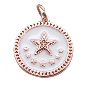 copper circle star pendant, white enameling, rose gold, approx 16mm dia [FN15222]