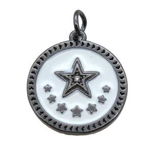 copper circle star pendant, white enameling, black plated, approx 16mm dia [FN15223]