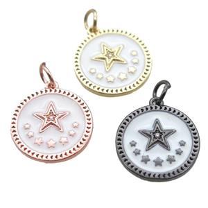 copper circle star pendant, white enameling, mixed, approx 16mm dia [FN15224]