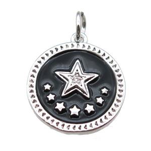 copper circle star pendant, black enameling, platinum plated, approx 16mm dia [FN15225]