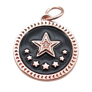 copper circle star pendant, black enameling, rose gold, approx 16mm dia [FN15227]