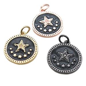 copper circle star pendant, black enameling, mixed, approx 16mm dia [FN15229]