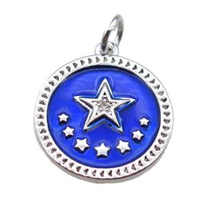 copper circle star pendant, blue enameling, platinum plated, approx 16mm dia [FN15230]