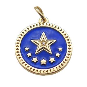 copper circle star pendant, blue enameling, gold plated, approx 16mm dia [FN15231]