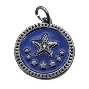 copper circle star pendant, blue enameling, black plated, approx 16mm dia [FN15233]