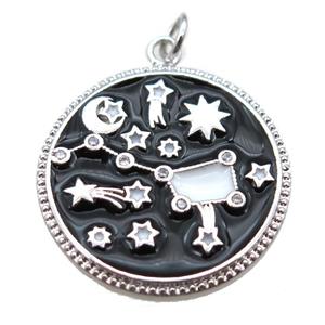 copper circle pendant with black enameling, platinum plated, approx 24mm dia [FN15244]