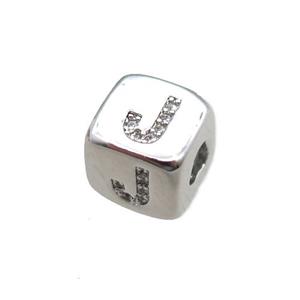 copper letter-J beads paved zircon, cube, platinum plated, approx 8.5mm, 4mm hole [FN15270]