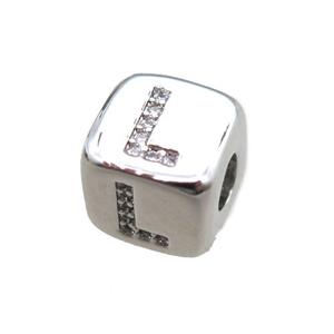 copper letter-L beads paved zircon, cube, platinum plated, approx 8.5mm, 4mm hole [FN15272]