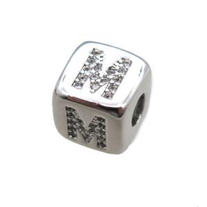 copper letter-M beads paved zircon, cube, platinum plated, approx 8.5mm, 4mm hole [FN15273]