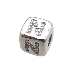copper letter-N beads paved zircon, cube, platinum plated, approx 8.5mm, 4mm hole [FN15274]