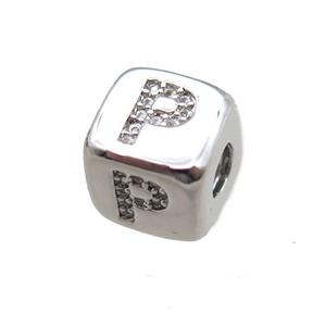 copper letter-P beads paved zircon, cube, platinum plated, approx 8.5mm, 4mm hole [FN15276]