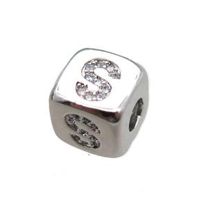 copper letter-S beads paved zircon, cube, platinum plated, approx 8.5mm, 4mm hole [FN15279]