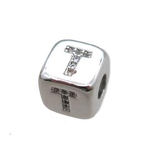 copper letter-T beads paved zircon, cube, platinum plated, approx 8.5mm, 4mm hole [FN15280]